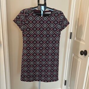 LOFT Navy and Burgundy Patterned Dress